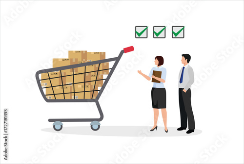 Businessman procurement manager checking supply assets. Procurement and purchasing company equipments, goods and service, audit and checking price. vector template design element