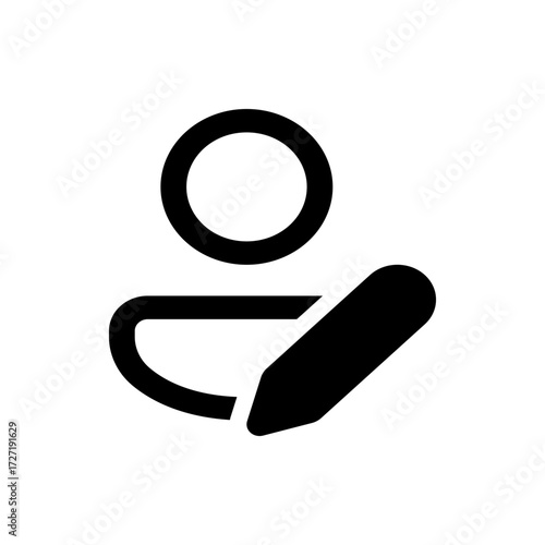 Black and white edit user icon depicting a person silhouette with a pencil on a white background design