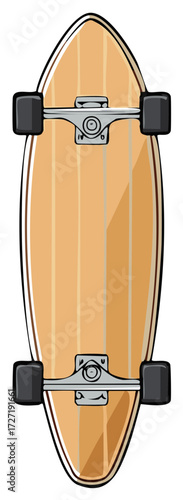 Illustration of a wooden longboard skateboard viewed from above with black wheels