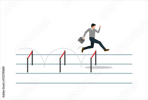 Businessman jumping higher over hurdle. Business concept icon vector template design element