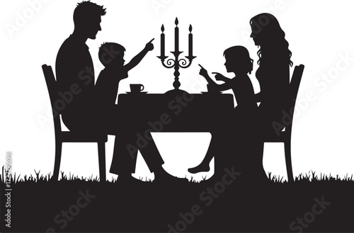 Family silhouette at table with candelabra and grass