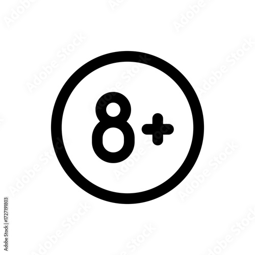 Illustration of a black outlined circle containing the number eight and a plus sign indicating age rating