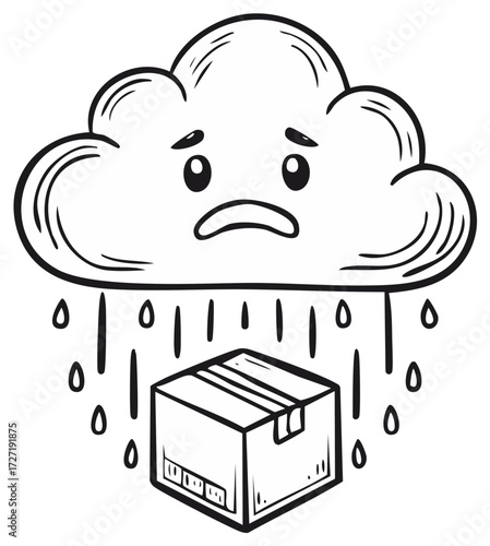 Sad cloud raining on delivery box, cartoon illustration, black and white drawing.