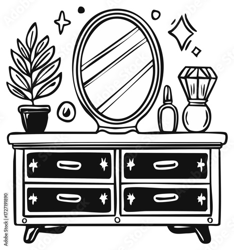 Hand-drawn dressing table illustration with an oval mirror, potted plant, perfume, and sparkling beauty items