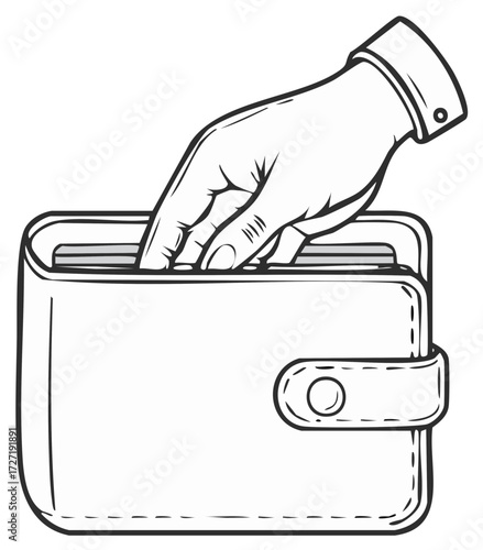 Hand reaches into leather wallet to withdraw cash or credit cards in line art illustration