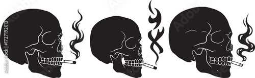 Three dark skull silhouettes smoking cigarettes with wisps of smoke