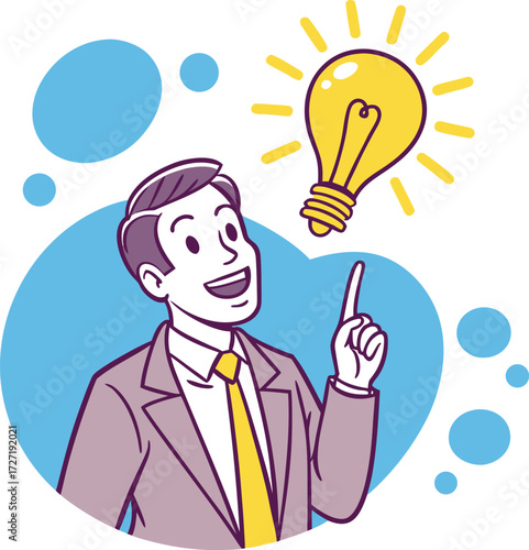 Vector art of man in suit pointing up with a bright idea lightbulb above his head, symbolizing innovation and creativity
