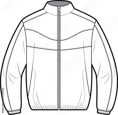 CAD drawing flat vector illustration of a stylish track jacket, front view technical fashion sketch, unisex sportswear design.