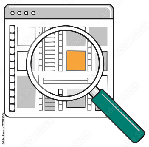 Magnifying glass focused on digital interface examining content and data for analysis or search