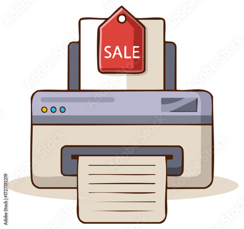Printer with Sale Tag Printing Document, Discount Offer Announcement, Special Deal at the Office Supply Store