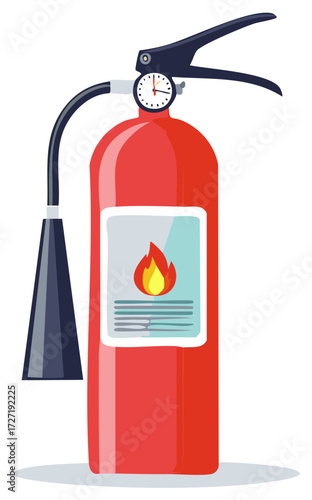 Red Fire Extinguisher with Pressure Gauge and Fire Warning Label Illustration