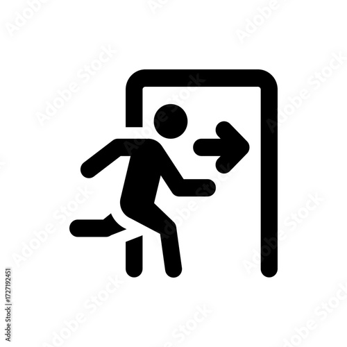 Silhouette of a person running through a doorway with an arrow indicating direction on a white background