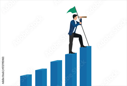 Vision to see next goal, motivation to success, forecast and business prediction, challenge to be better and achieve success concept, confidence businessman step on rise up graph look for next goal.