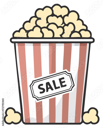 Illustration of Striped Popcorn Bucket Overflowing with Kernels Featuring Sale Sign