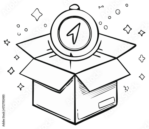 Illustration showing a gift inside of a box with the number one atop and stars around, a hand drawn line art style