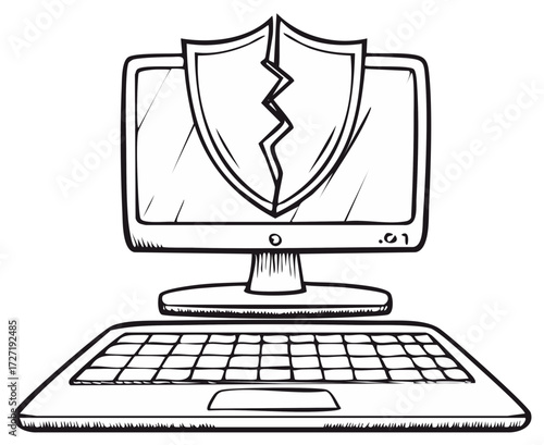 Laptop with cracked security shield icon showing cyber attack vulnerability