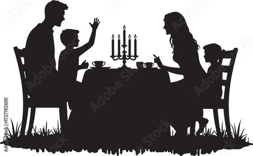 Family silhouette at table with candelabra and tea cups