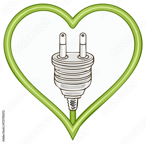 Green Heart Encloses Electrical Plug Symbolizing Eco-Friendly Power and Energy Conservation