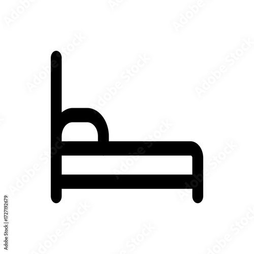 Illustration of a simple bed frame with a headboard and rounded corners in black on a white background