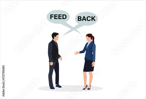 Employee feedback, message discussion and mutual comments, businessman and woman telling feedback to each other. icon vector template design element