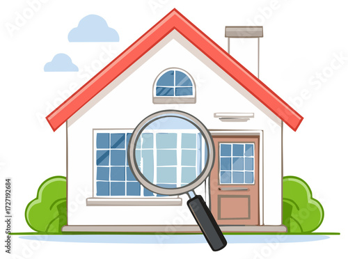 House inspection vector illustration with magnifying glass checking residential property