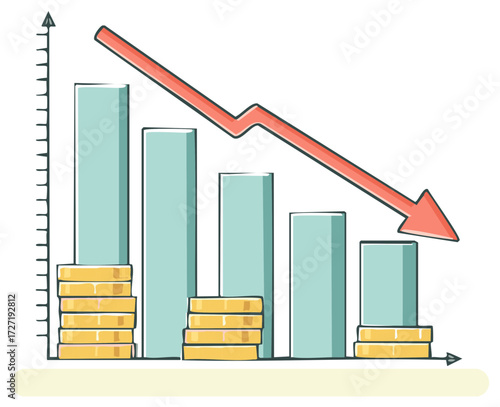 Hand drawn bar chart showing financial decline and decreasing profits with golden coins