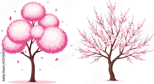 Vector illustration of two pink blossom trees, showcasing whimsical and realistic styles for seasonal, botanical, decorative, and artistic design themes.