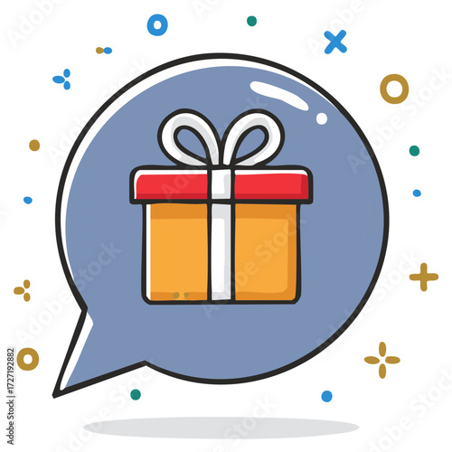 Gift Icon Inside Speech Bubble with Festive Confetti and Sparkles