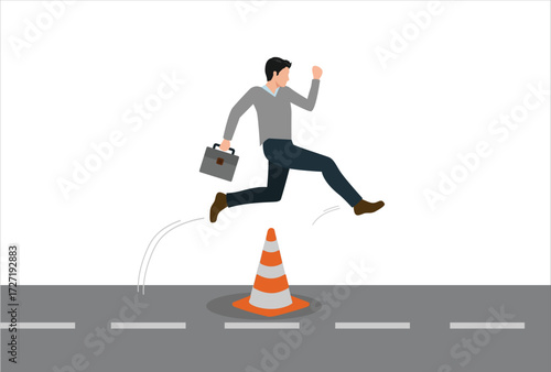 Overcoming business obstacles, overcoming work problems, smart brave businessman runs around and jumps over traffic pole obstacles. icon vector template design element