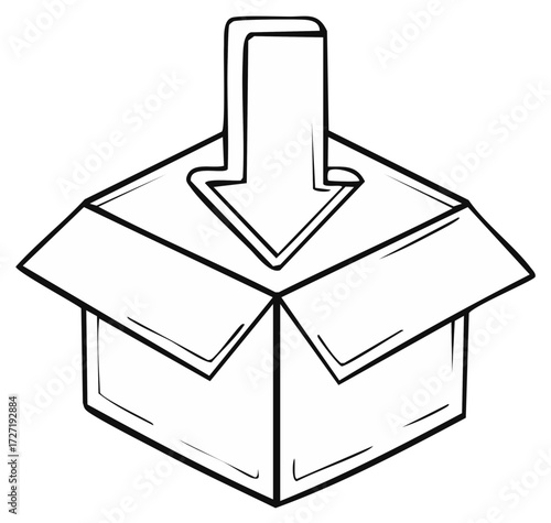 Simple black and white line art of a download arrow icon entering an open box