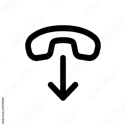 Black and white illustration of a phone receiver with an arrow pointing downward in simple design style