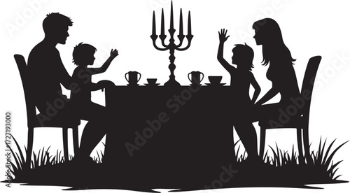 Family silhouette at table with candelabra and tea set