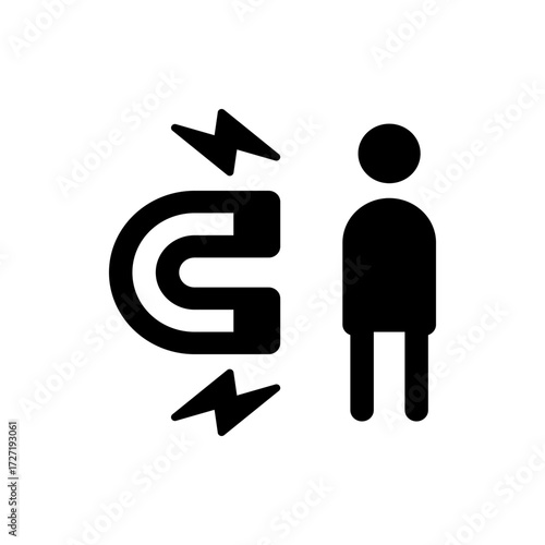 Illustration of a magnet with lightning bolts attracting a person in black silhouette style design art