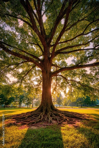 A majestic tree with its extensive root system spreads across a grassy field, bathed in the warm light of sunrise.