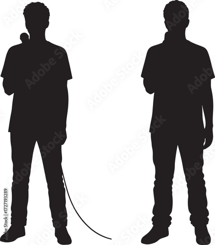 Two male silhouettes standing holding microphones with cables silhouette