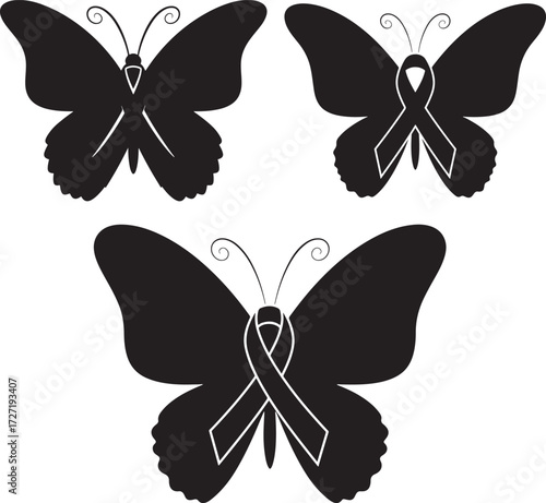 Three black butterfly silhouettes with awareness ribbons silhouette
