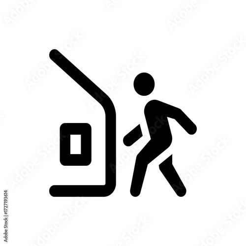 Person exiting a vehicle depicted in a simple black and white icon style with clear lines and shapes only
