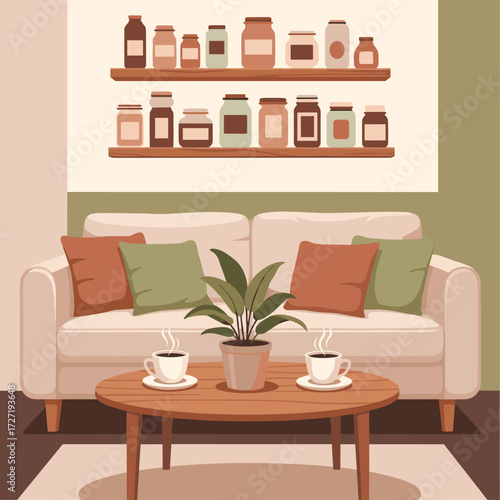 Warm and inviting home interior scene featuring a comfortable sofa, coffee table with two cups, and organized pantry jars on wall shelves
