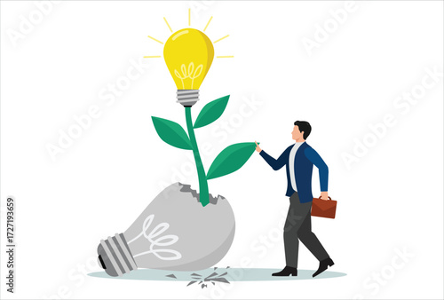 Fail to success, aspiration and effort to invent new innovation, learn from mistake or motivation to success, cheerful businessman look at seedling bright lightbulb idea plant grow from broken one.