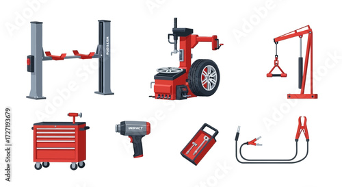 Various auto repair tools and equipment for vehicle maintenance and servicing including a tire changer, car lift, and toolbox for a professional workshop, showcasing a comprehensive set for car care