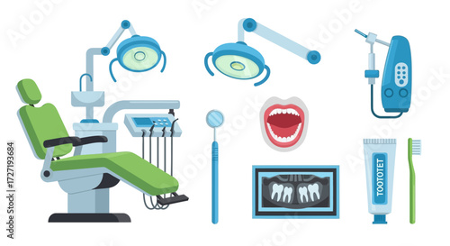 Illustration of dental equipment, including a chair, examination tools, lights, and x-ray. A tooth-cleaning set is also present, perfect for dental clinics and oral health resources