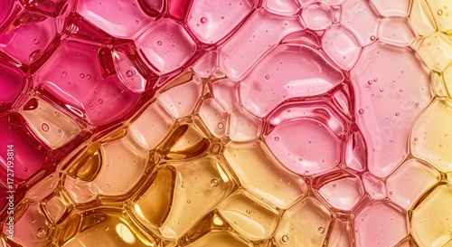 Abstract Pink and Gold Gel Texture. An abstract close-up image of a gel-like substance with cells or bubbles in shades of pink and gold, creating a visually striking and textured pattern.
