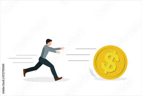 Chasing money, concept of working hard to earn money, investor businessman running after dollar currency coins. icon vector template design element