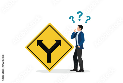 Business decision making, career path, work direction or leadership to choose the right way to success concept, confused businessman manager looking at fork in road sign and thinking about where to go