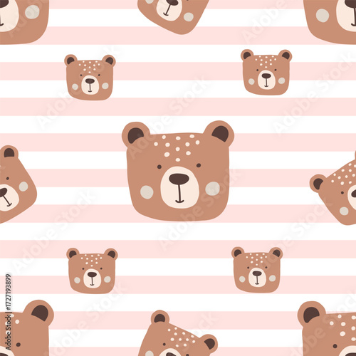 Cute dear faces repeating pattern on horizontal pink stripes. Vector