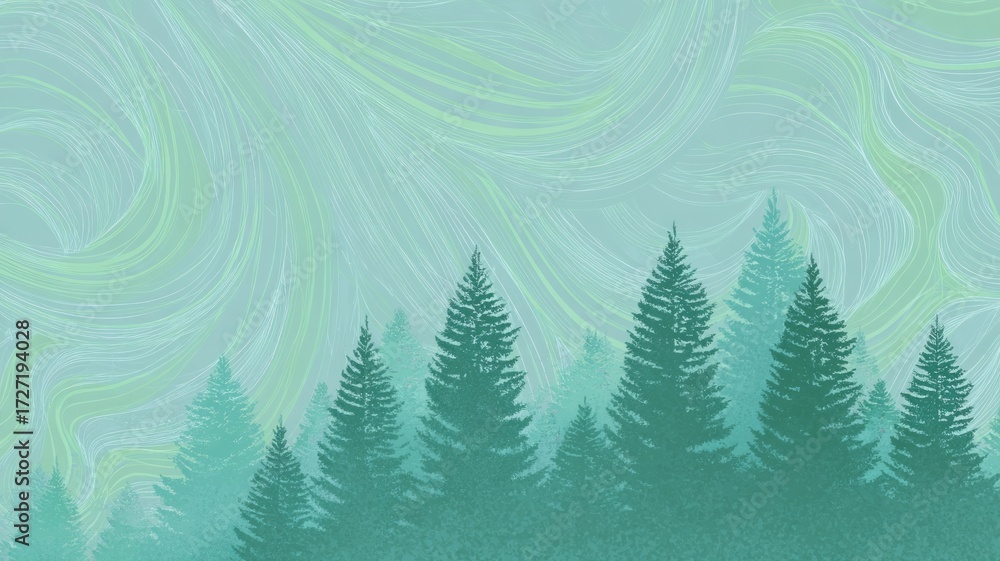 Fototapeta premium Stylized evergreen forest with wave patterns. AI image