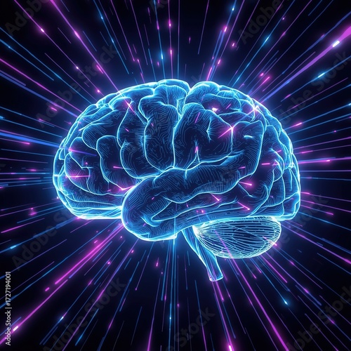 sci-fi holographic illustration of human brain photo