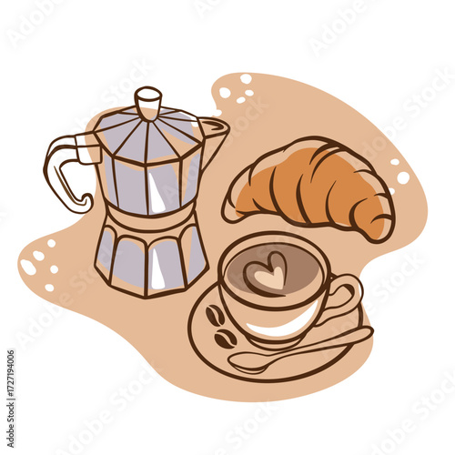 Vector illustration of Italian breakfast with moka pot, cappuccino, and croissant. Perfect for café design, menu decoration, coffee shop branding, and kitchen art