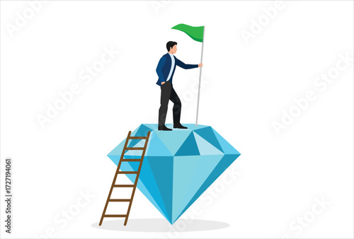 Value proposition, entrepreneur waving victory flag atop valuable high-quality diamond icon vector template design element