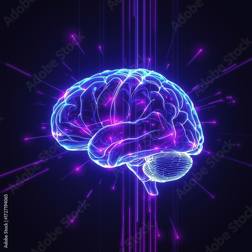 sci-fi holographic illustration of human brain photo